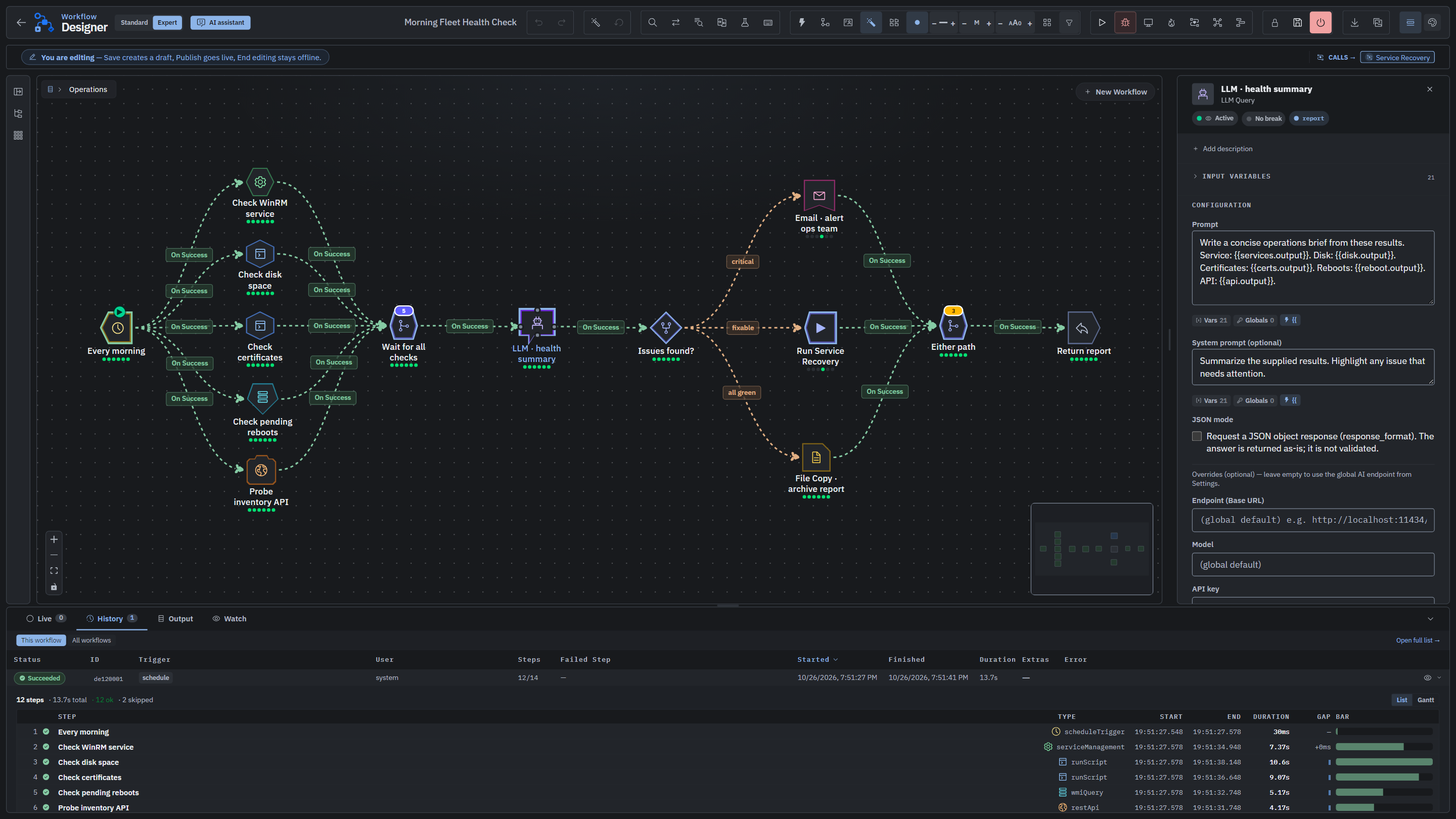 Workflow Designer, parallel fan-out/fan-in, decision branches, live properties panel, seven-cluster toolbar