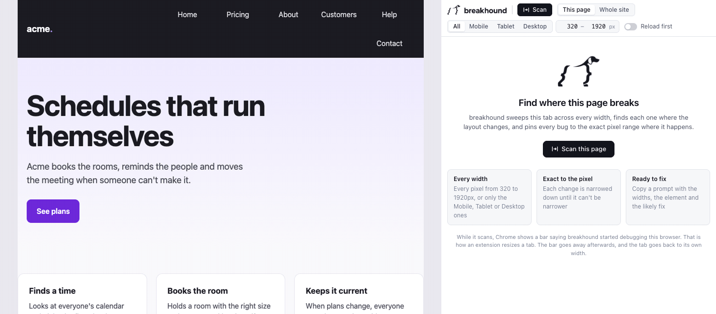 breakhound scanning a small site in Chrome: every page from 320 to 1920px, then each issue shown at the width where it is worst