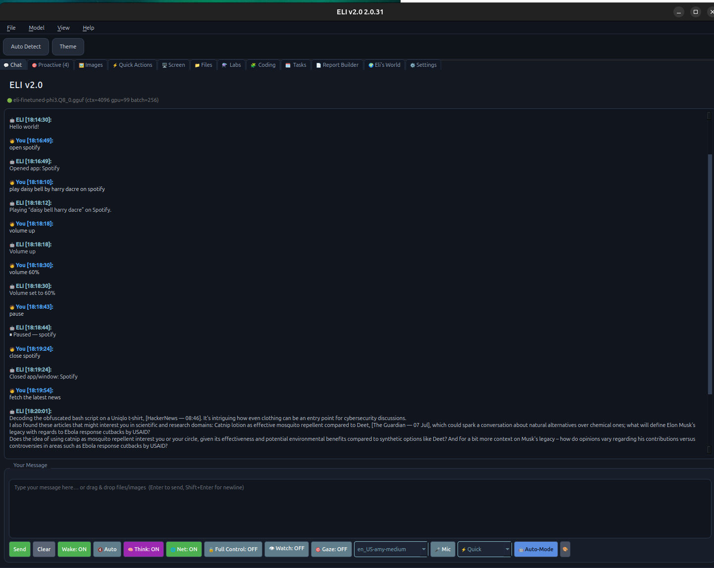 ELI desktop chat controlling Spotify and fetching news