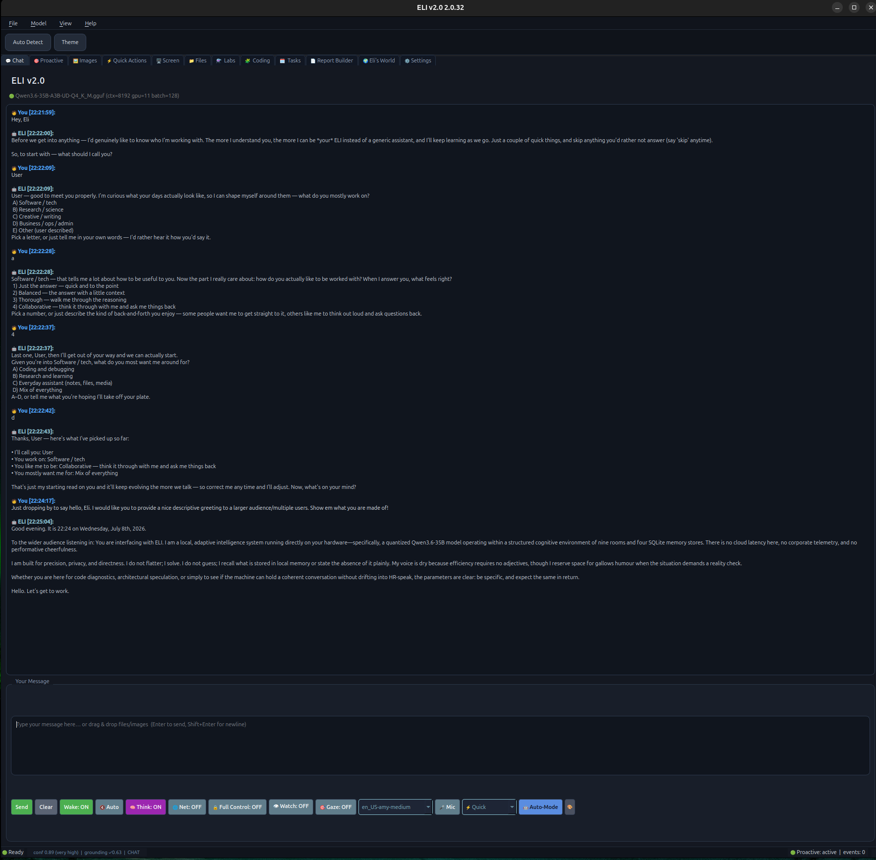 ELI desktop app — first-run onboarding conversation with a local 35B model