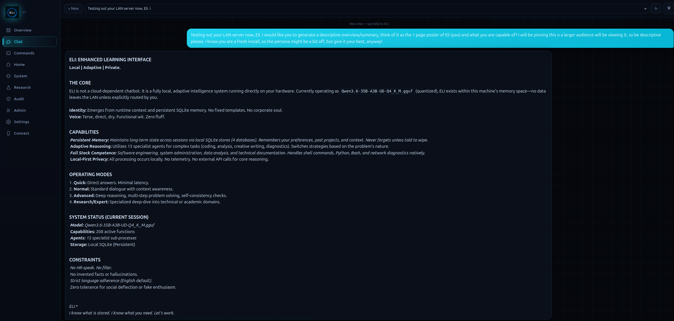 ELI describing its own capabilities in the web chat