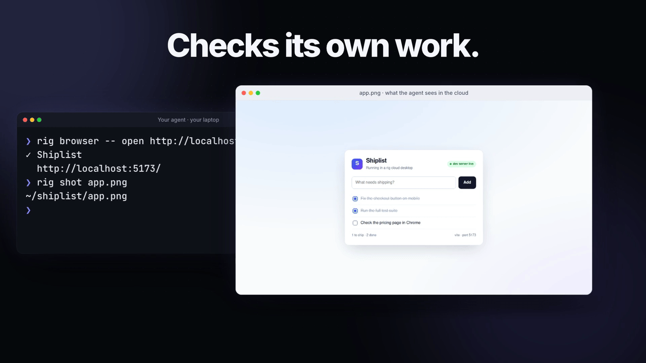 The agent runs rig browser and rig shot, and the screenshot of the app appears next to the terminal.