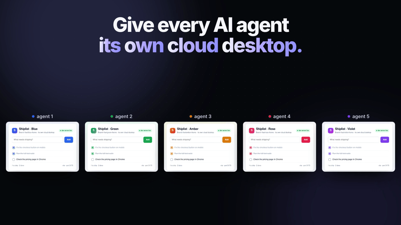 Five agents, each with its own cloud desktop running the same app on a different branch.