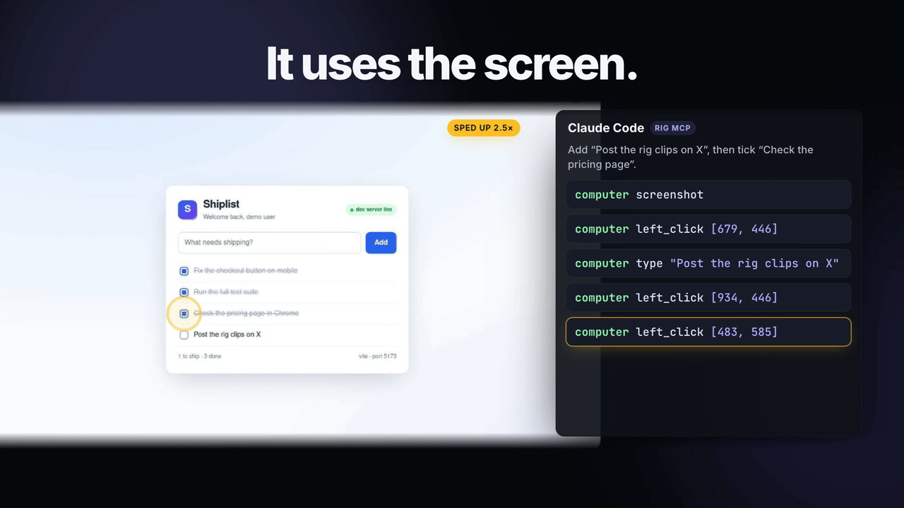 Claude Code, through rig mcp, takes a screenshot and clicks and types in the app on the cloud desktop.