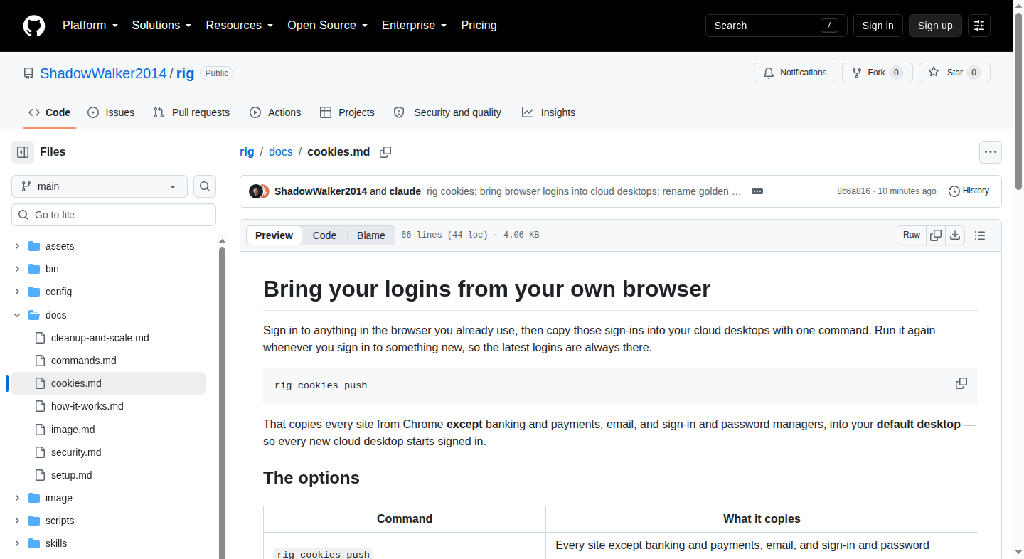 A screenshot taken with rig shot: the cloud desktop's Chrome showing the Rig documentation page on GitHub.
