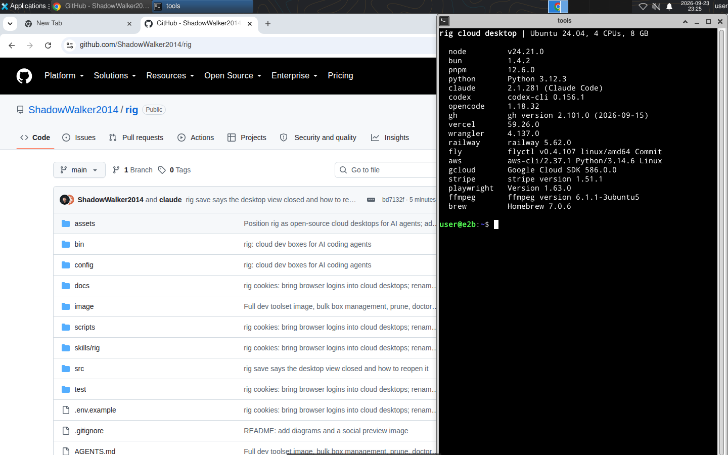 A Rig cloud desktop: Ubuntu with Chrome open on the Rig GitHub repository, and a terminal listing the installed tools, including node 24, bun, pnpm, python, Claude Code, Codex, opencode, gh, vercel, wrangler, railway, fly, aws, gcloud, stripe, Playwright, ffmpeg and Homebrew.