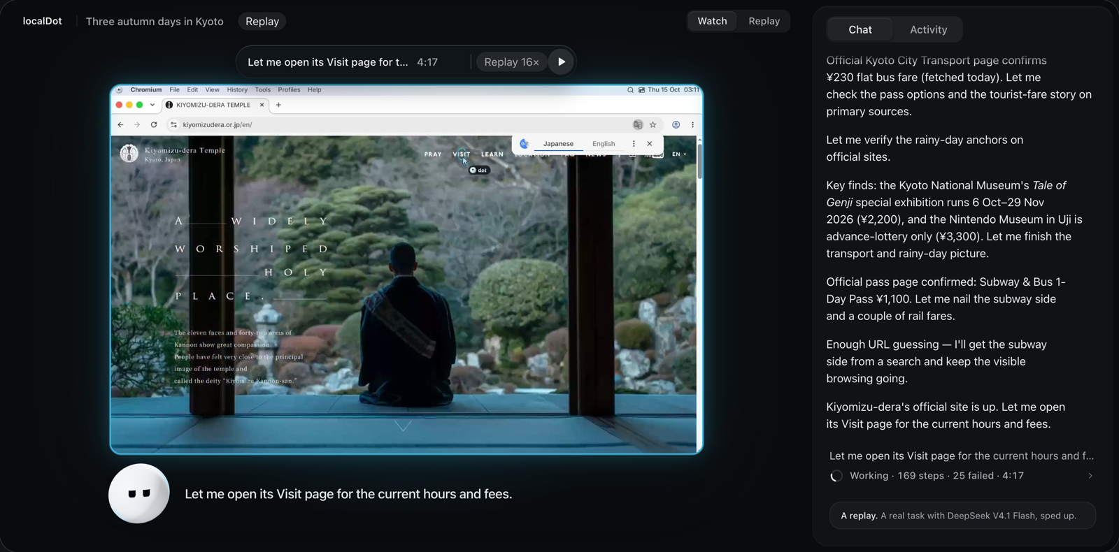 localDot at work: dot's computer shows Kiyomizu-dera's website in Chromium, dot says what it is doing under the screen, and the chat lists what it found while planning three days in Kyoto