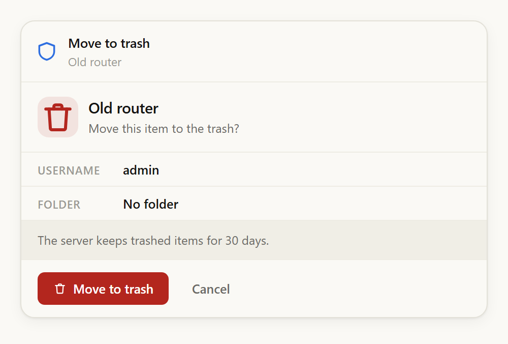 Trash confirmation card noting that the server keeps trashed items for 30 days.