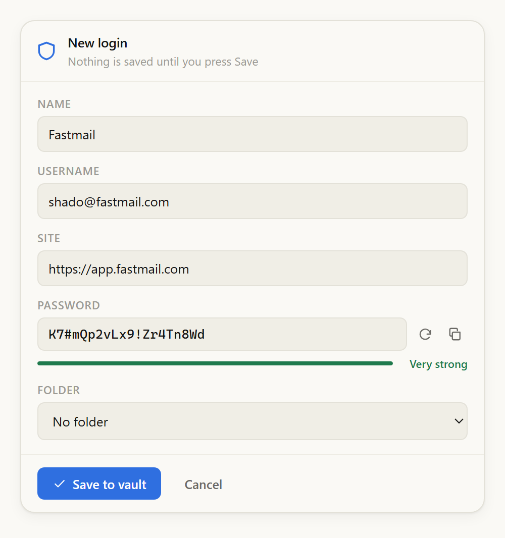 New login draft card with name, username, site, a generated password with strength meter, folder picker, and Save and Cancel buttons.