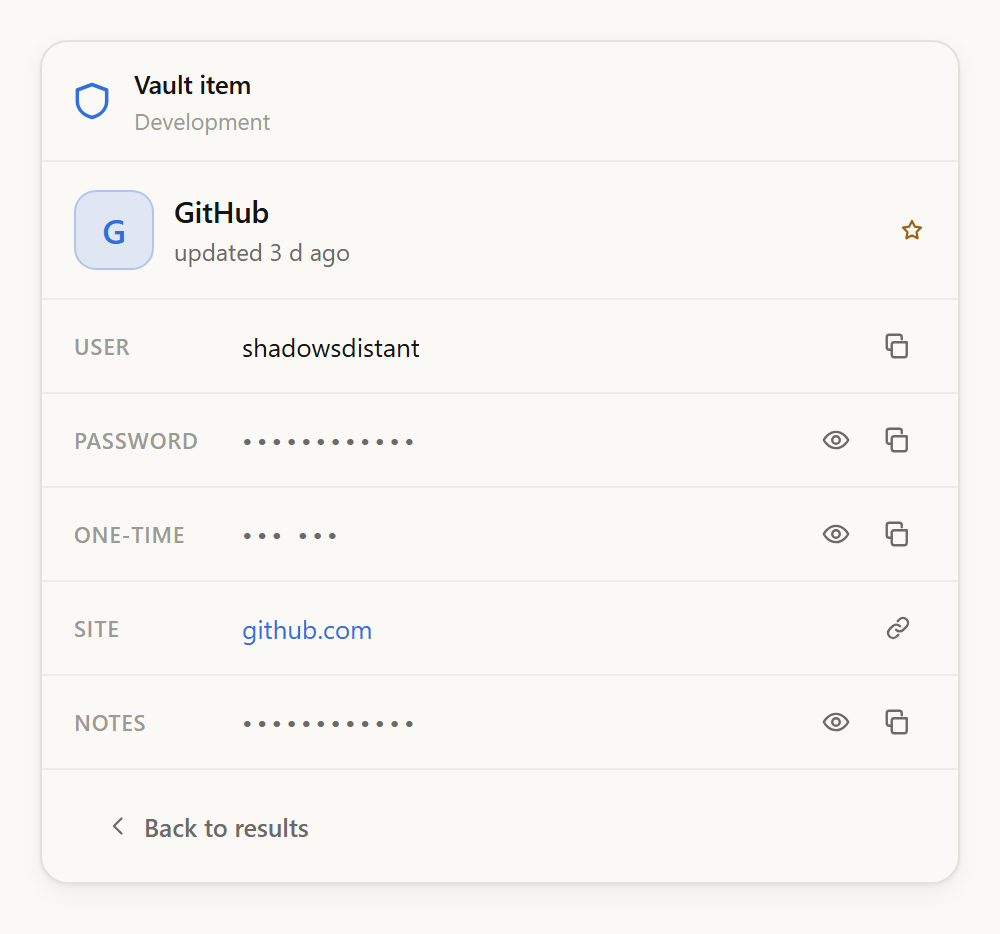 Vaultwarden MCP inline card showing a GitHub login: username, hidden password with reveal and copy buttons, one-time code, site, and notes.