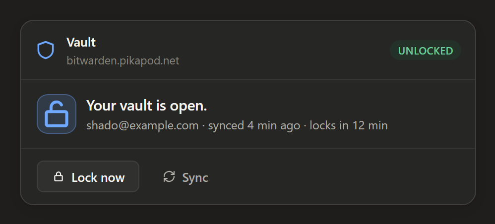Vault status card in dark mode showing the vault unlocked, the instance address, and when it last synced.
