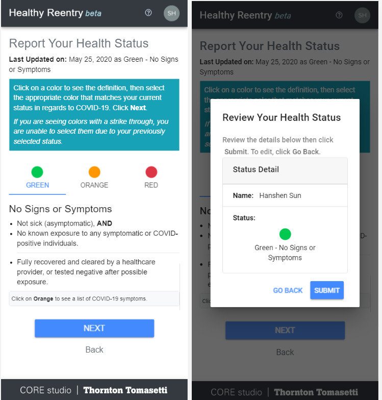 Healthy Reentry Status Screen