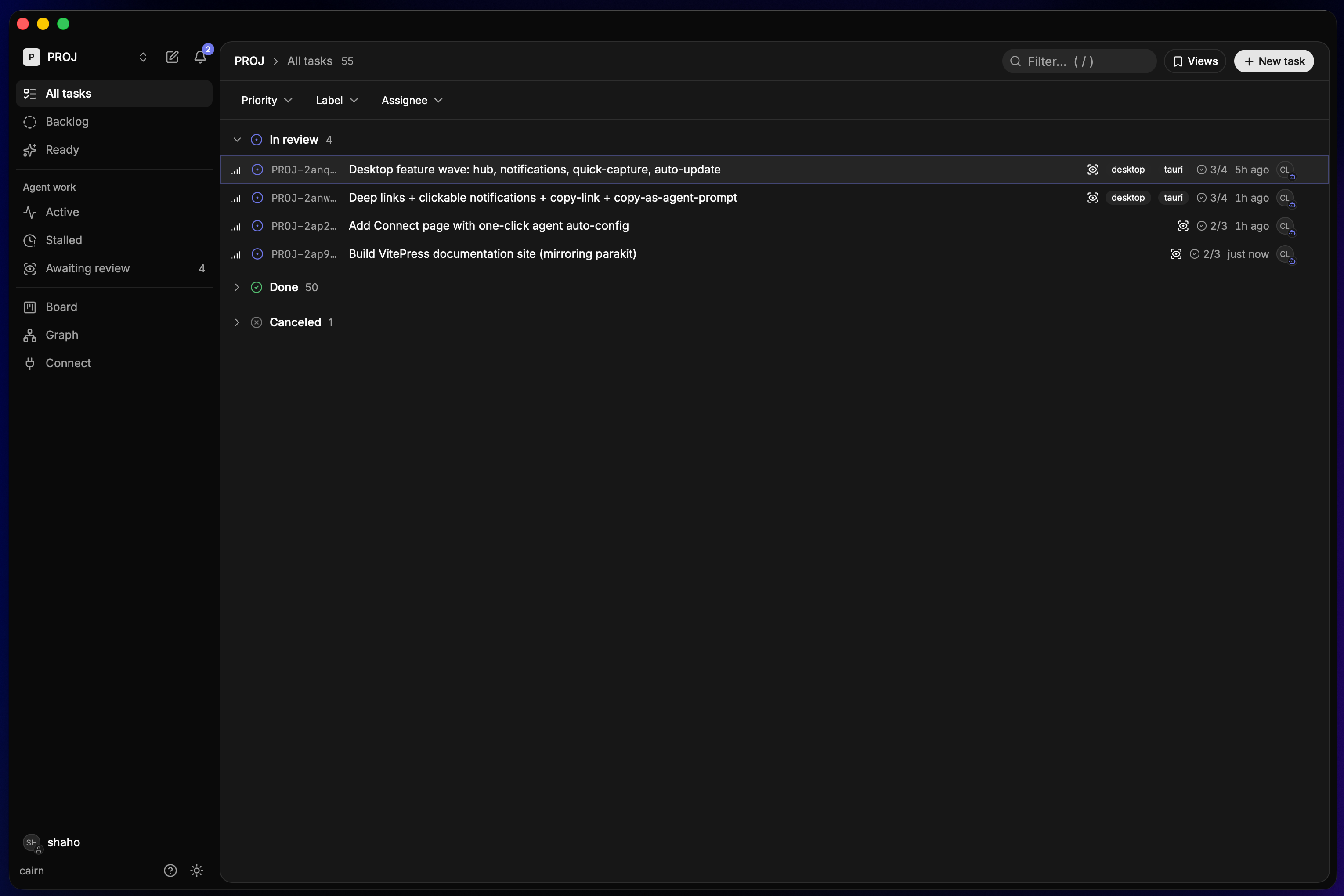 The cairn task board, dependency graph, and Connect page