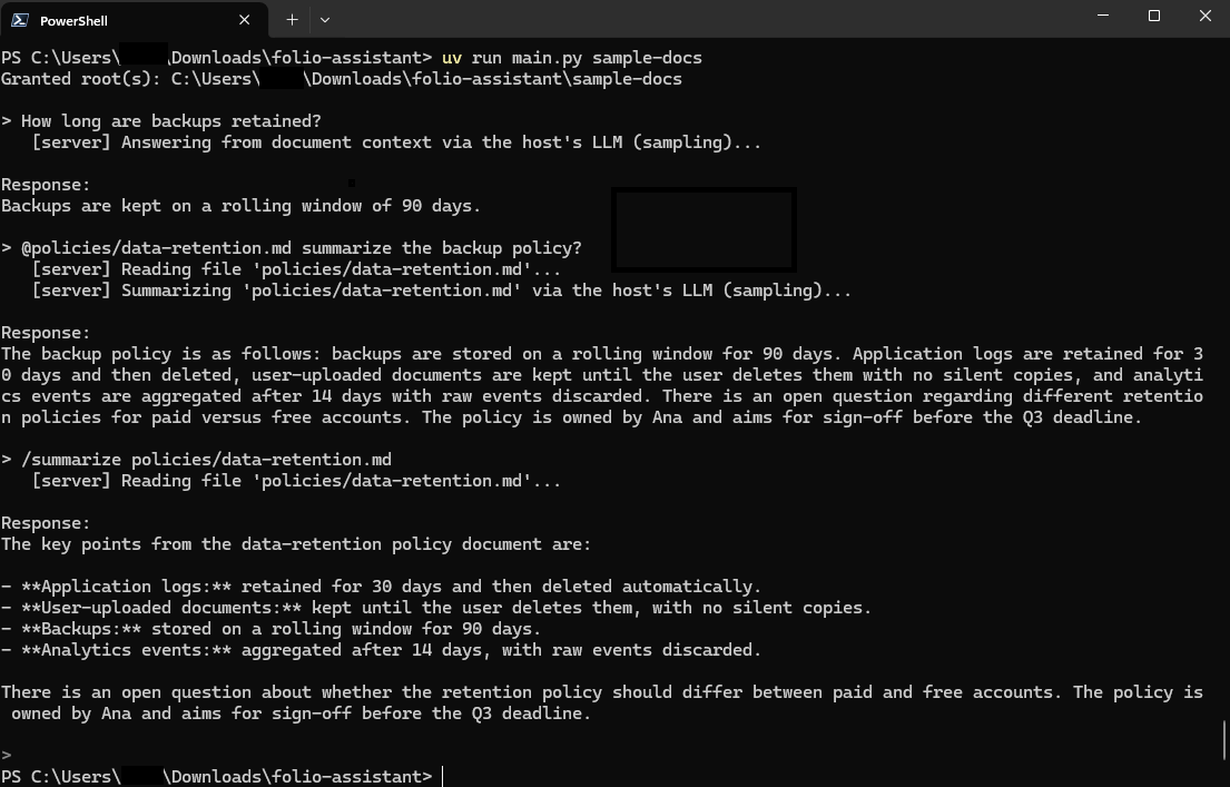 The fully-offline CLI host answering from your documents