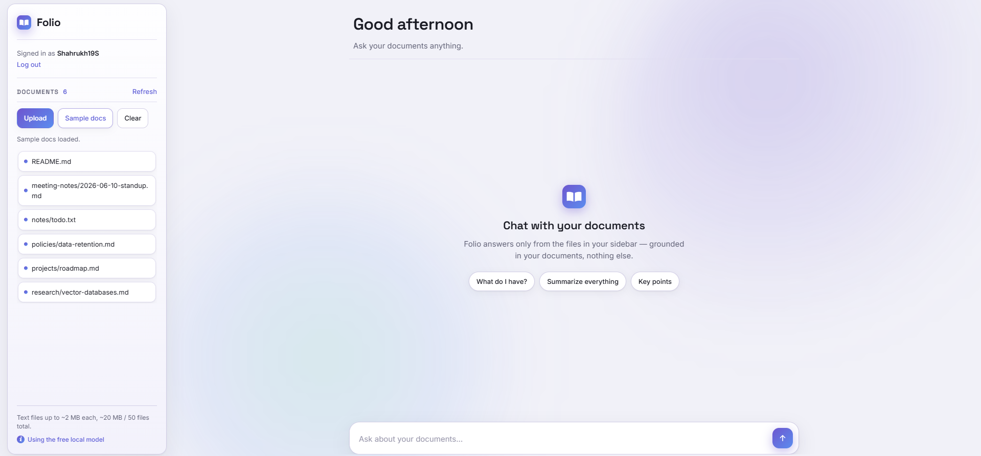 Documents sidebar — click a document to insert its exact @mention