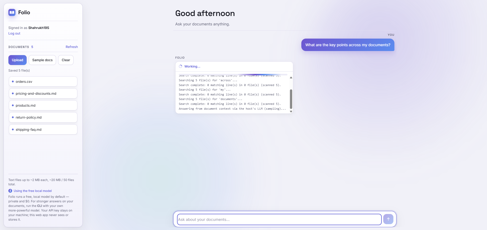 Live search log and progress while Folio works