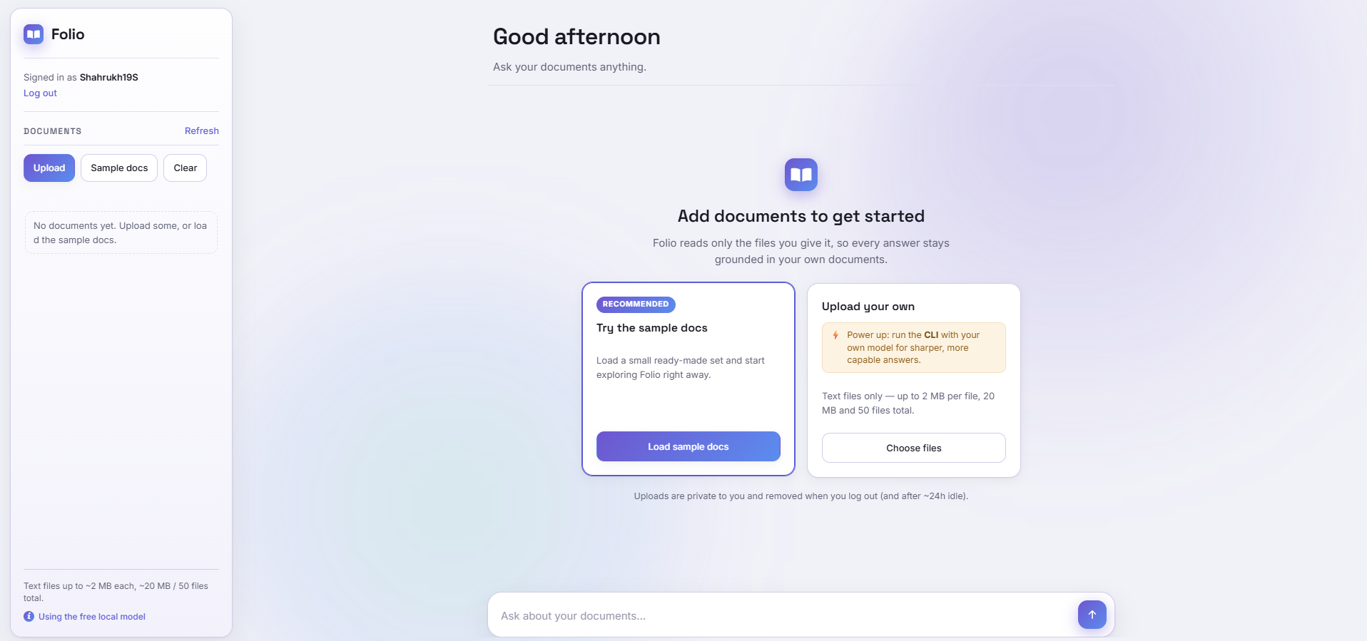 Onboarding — sign in, then pick the sample set or upload your own