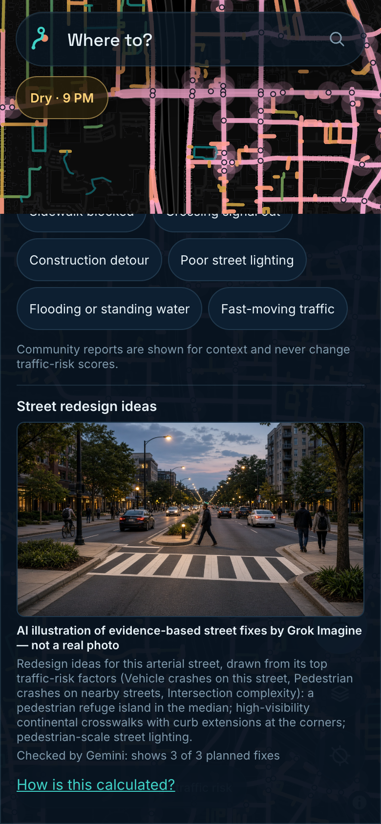 Grok Imagine street redesign, checked by Gemini