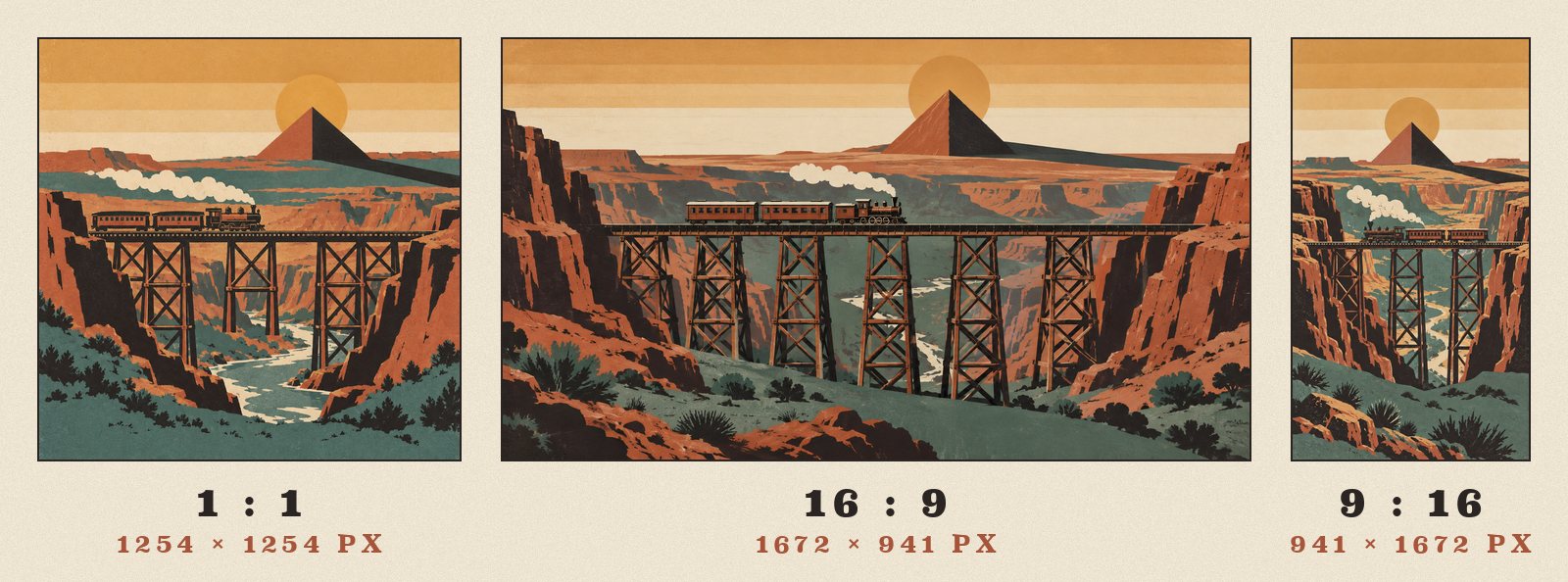 The same travel-poster prompt of a train crossing a trestle bridge, generated at 1:1 (1254×1254), 16:9 (1672×941) and 9:16 (941×1672)