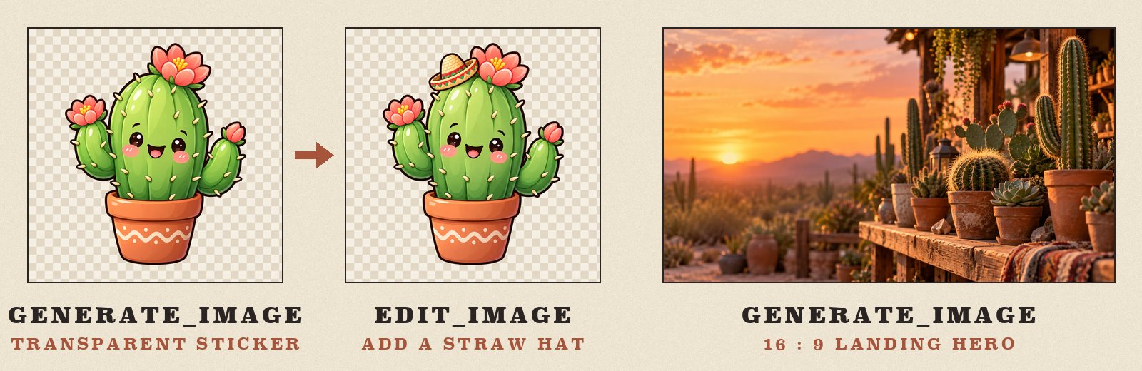 Three real outputs: a transparent cartoon cactus sticker, the same sticker edited to wear a straw hat, and a 16:9 photographic hero of a cactus shop at sunset