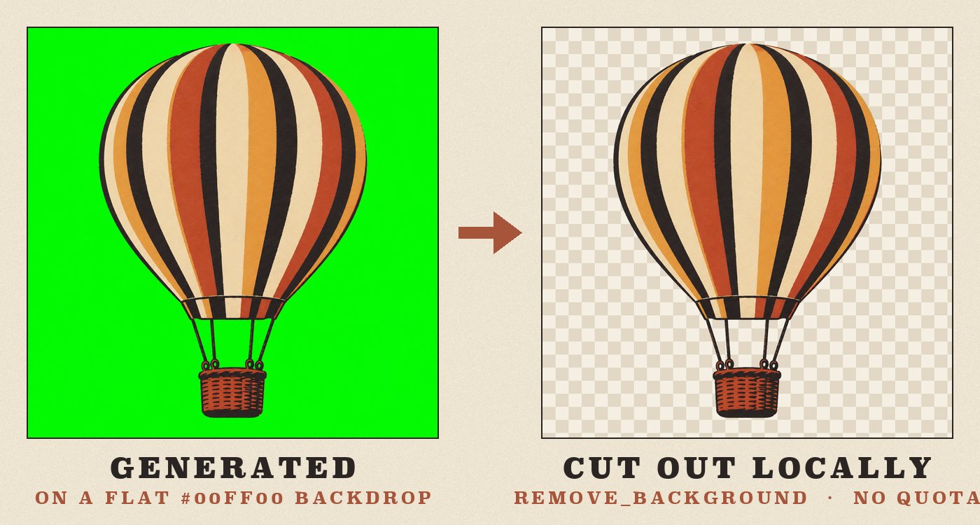 A striped hot-air balloon generated on a flat green backdrop, and the same balloon cut out onto a transparent checkerboard