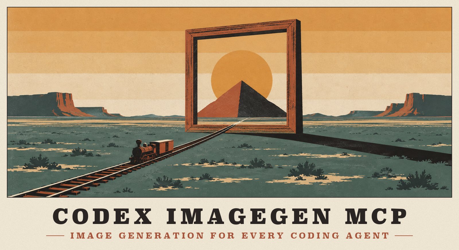 Codex ImageGen MCP — a 1930s travel-poster illustration: an enormous empty picture frame stands on a desert plain and frames a rising sun behind a peak, while a small train runs along a railway toward it
