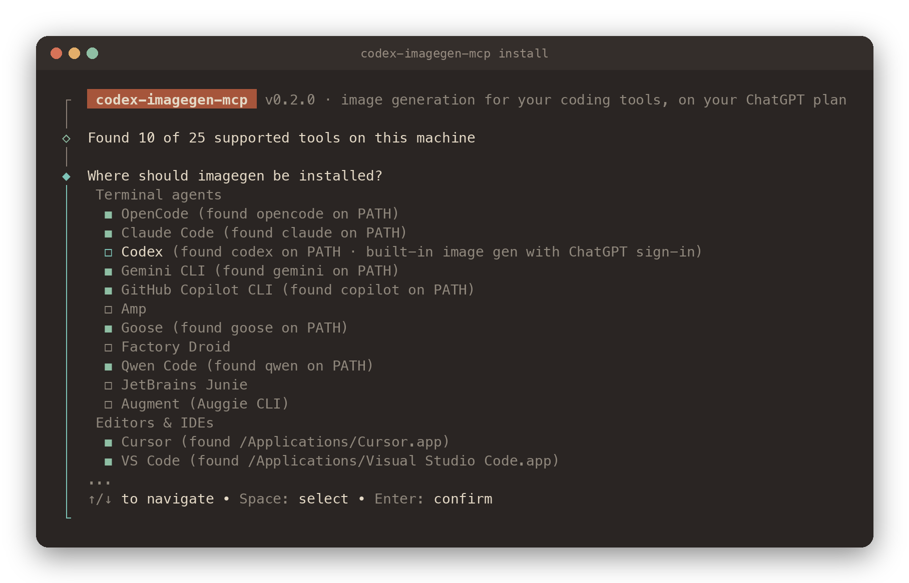 The interactive installer: it found 10 of 25 supported tools and lists them grouped as terminal agents and editors, with the detected ones pre-selected