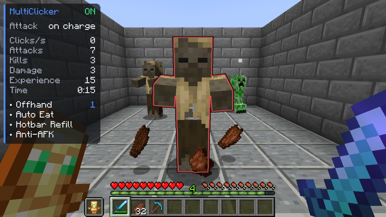 A mob farm: the status panel and the highlighted target