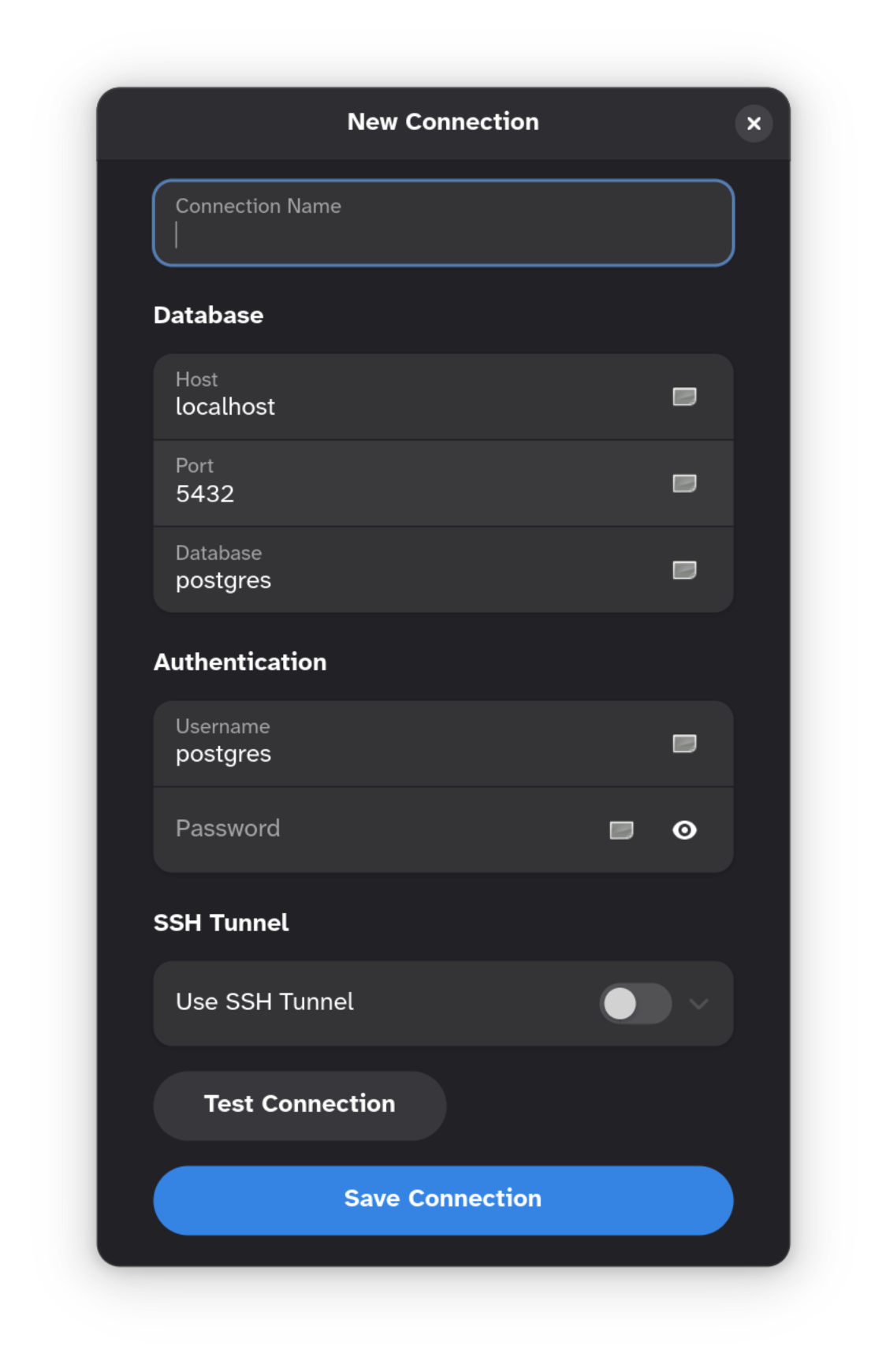 Tusk GNOME — Connection dialog