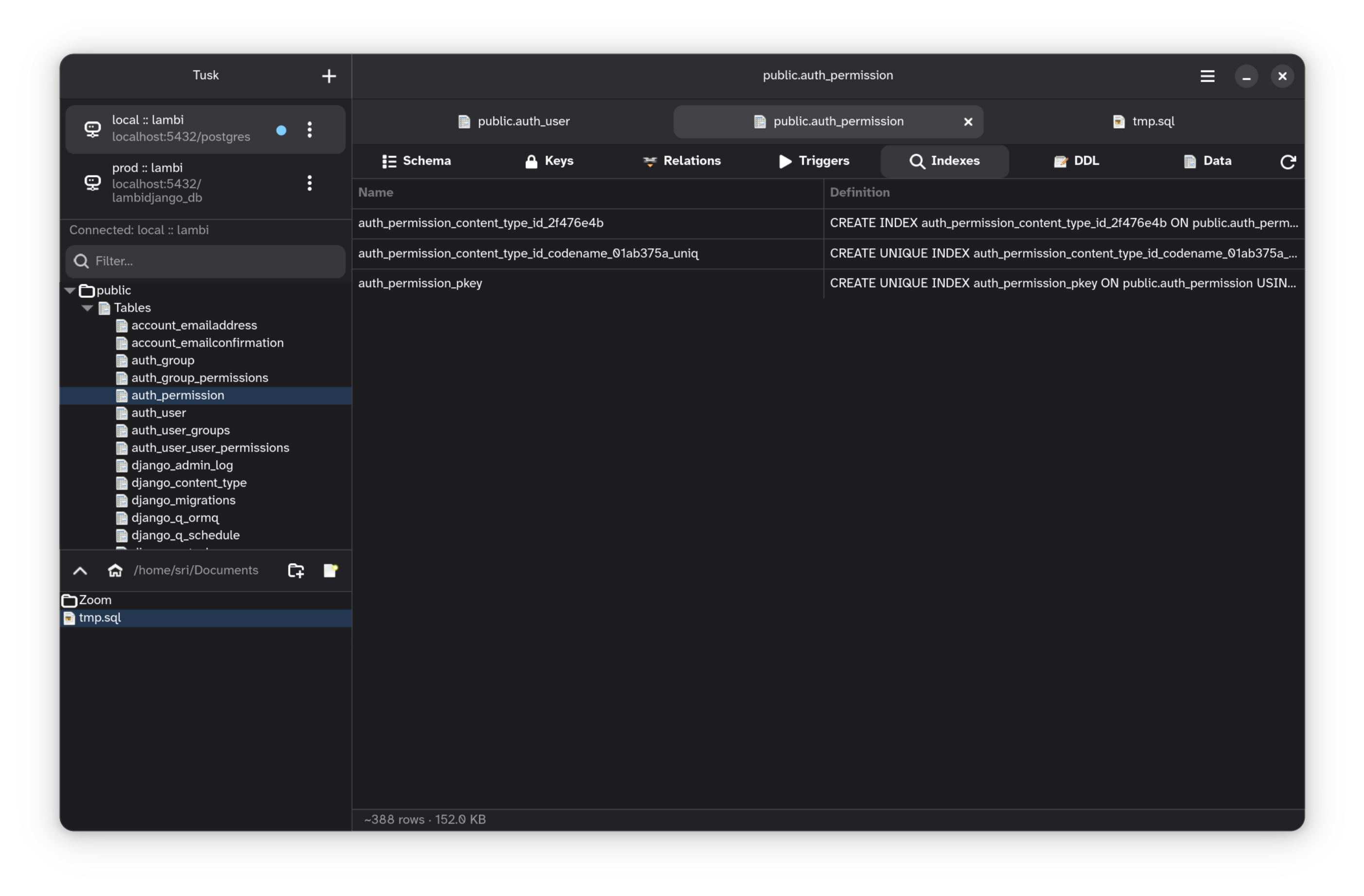 Tusk GNOME — Table indexes