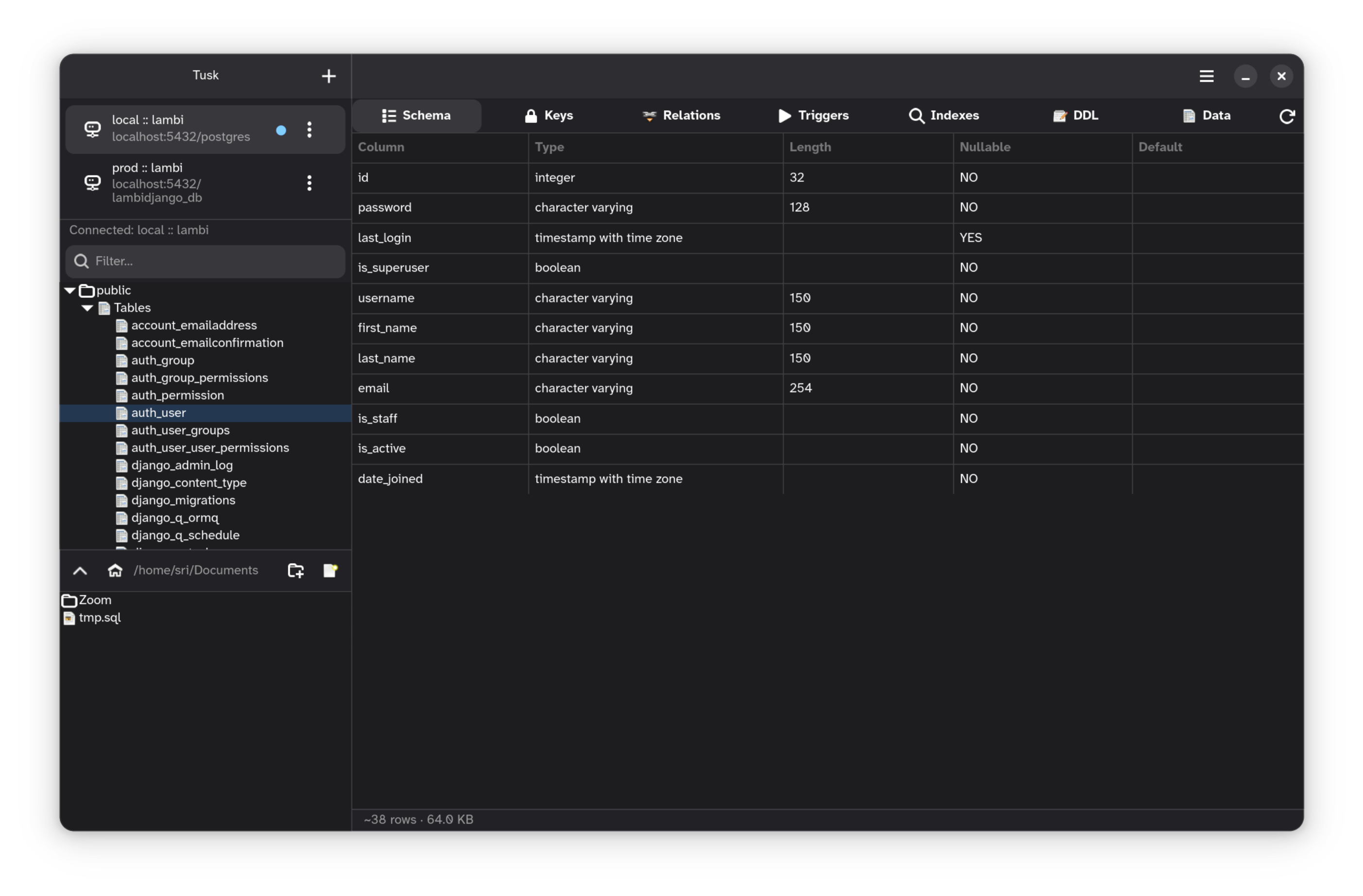 Tusk GNOME — Table schema