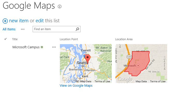 Duas exibições do mapa do Google mostrando o Ponto de Localização do Microsoft Campus e a Área de Localização.