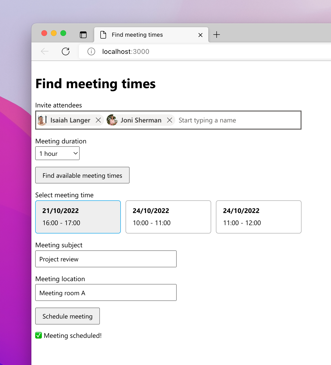 Browser window with a web page showing an that lets user find meeting time with multiple attendees who all use Microsoft 365