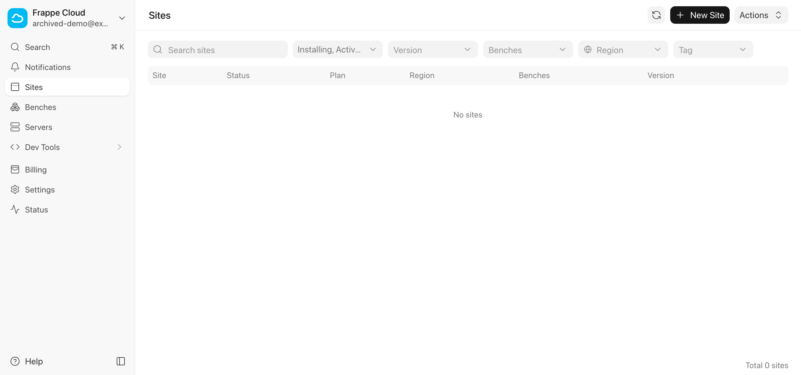 The site list shows No sites