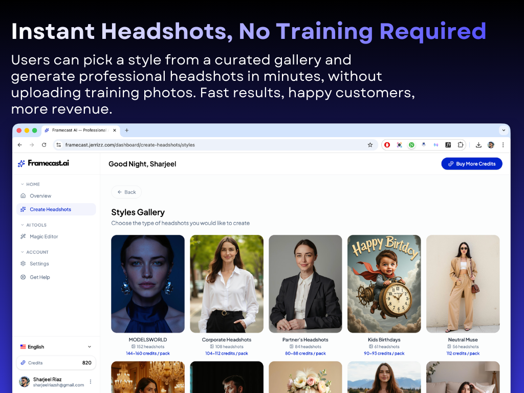 Framecast AI - AI Headshot Generator, Avatar Maker, Image Generator SaaS System
