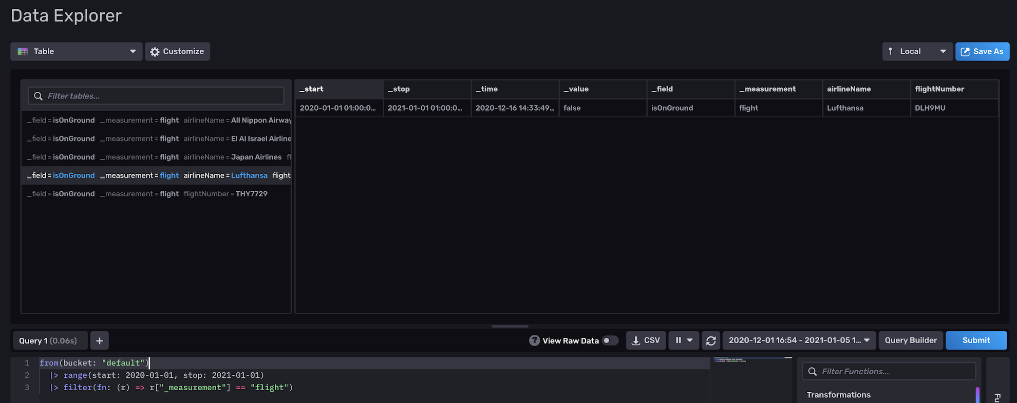 InfluxDB Flux Query Results