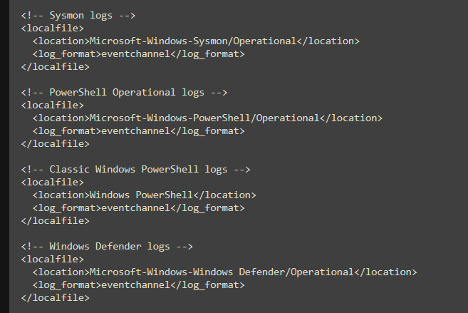 Wazuh agent ossec.conf configured to forward Sysmon, PowerShell, and Windows Defender event channels to the manager