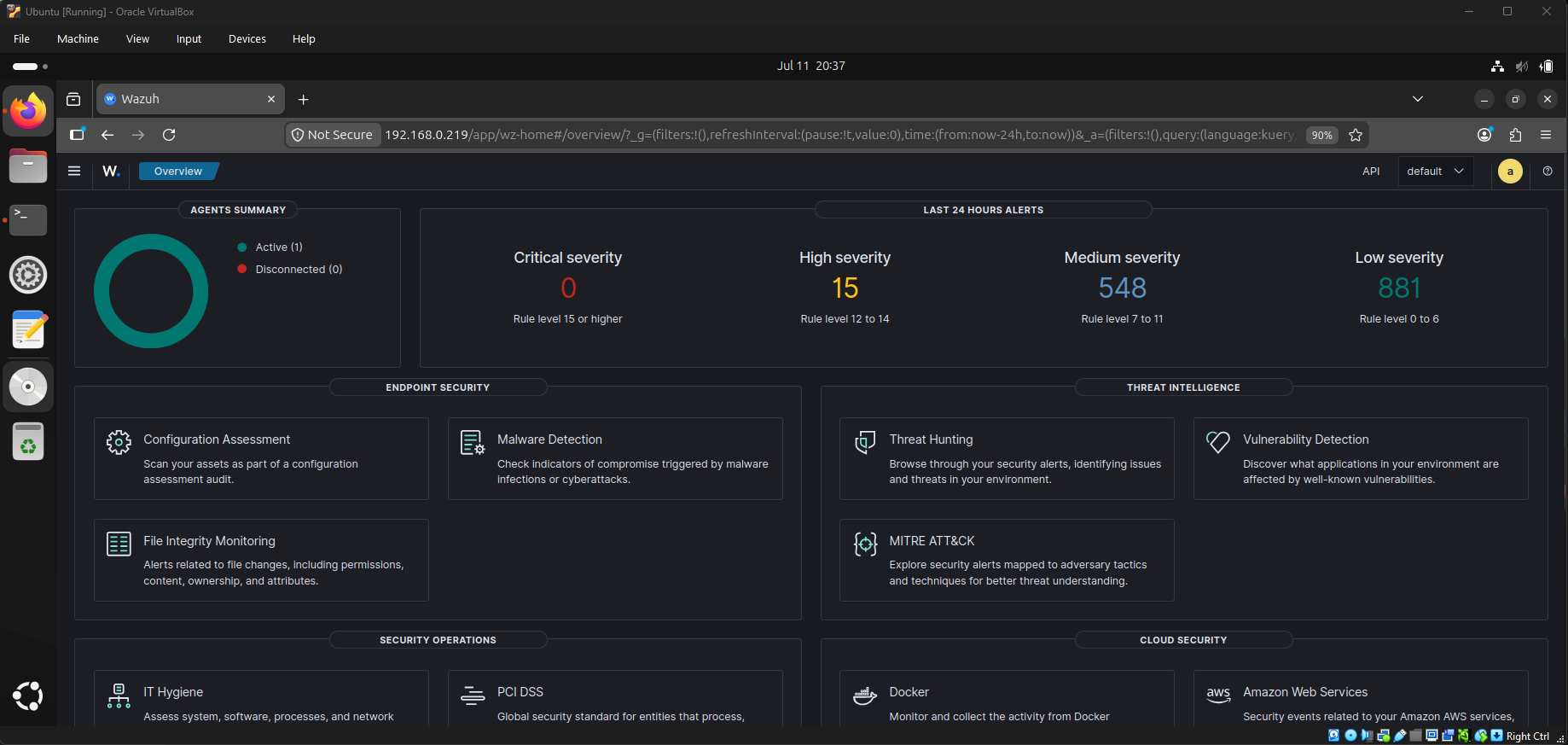 Wazuh dashboard showing 15 high severity alerts before adding EICAR