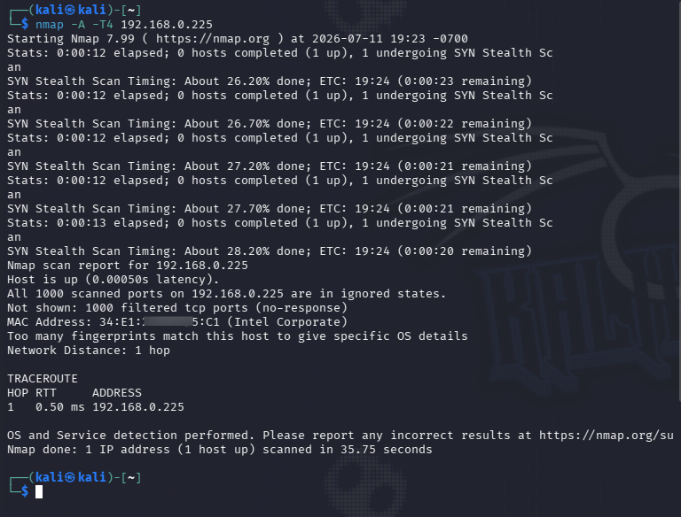 Nmap aggressive scan against Windows host showing all 1000 ports filtered