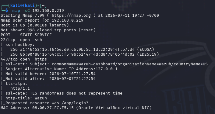 Nmap script scan against Ubuntu Wazuh Manager showing SSL certificate with Wazuh dashboard identity