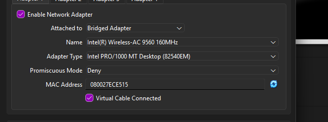 VirtualBox network adapter set to Bridged Mode