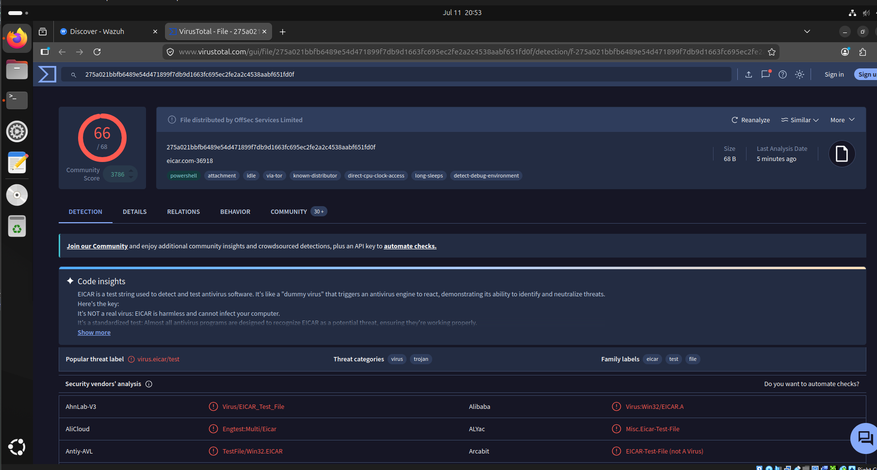 VirusTotal flagged EICAR hash as virus and trojan - 66 out of 68 detections