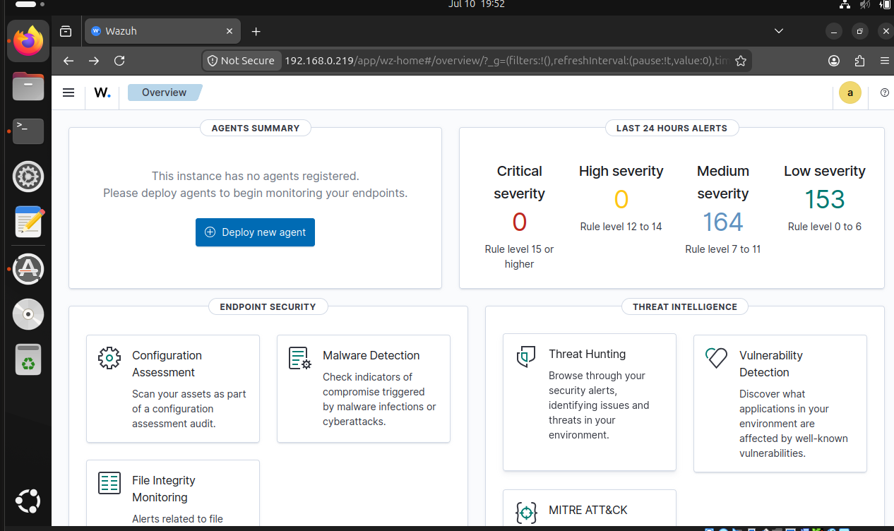 Wazuh Dashboard view without any agents connected