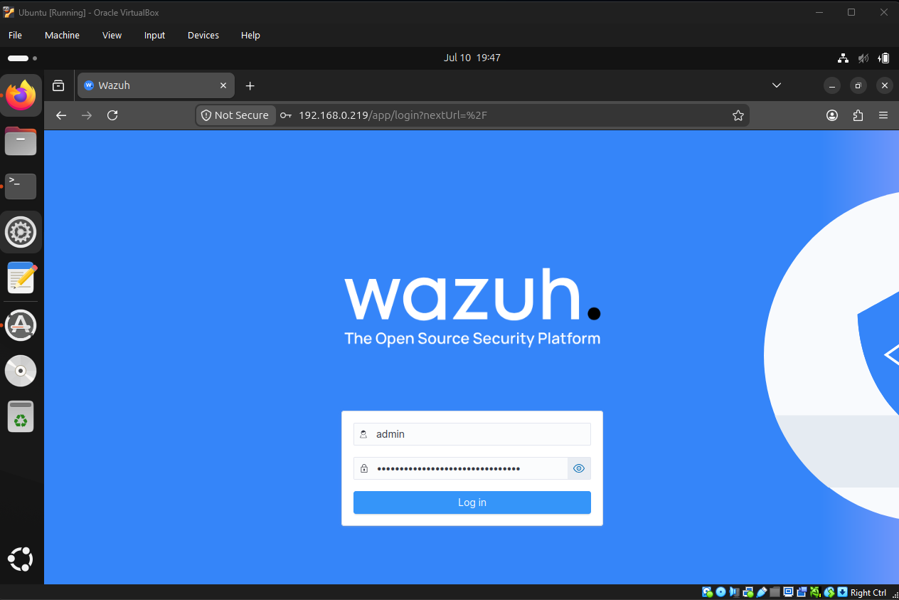 Wazuh Dashboard login screen on Ubuntu VirtualBox