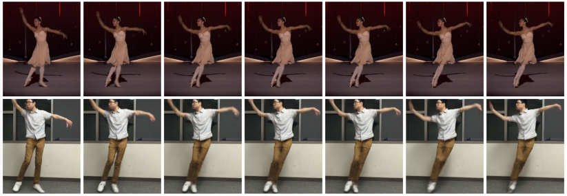 Figure 1： “Do as I Do” motion transfer: given a YouTube clip of a ballerina (top), and a video of a graduate student performing various motions, our method transfers the ballerina’s performance onto the student (bottom). Video: https://youtu.be/mSaIrz8lM1U