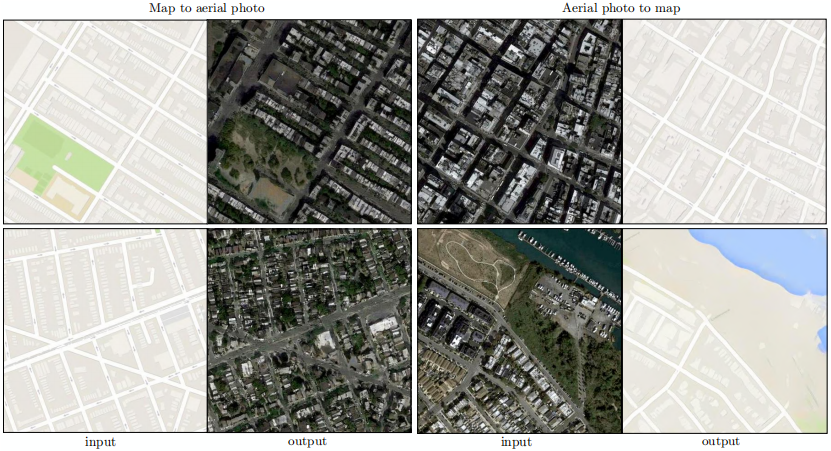 Figure 8: 在512x512分辨率的Google Maps上获得示例结果（模型是在256×256分辨率的图像上训练的，并在测试时逐渐在较大的图像上运行）。 调整对比度以使其更加清晰。