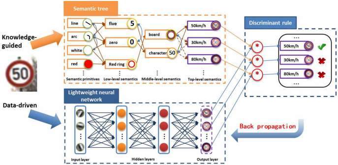 Fig. 2. 语义计算网络包括两个模块：主要的知识驱动的语义树模块和辅助的数据驱动的轻量级神经网络模块。 特别地，反向传播仅用于更新轻量级神经网络的参数。