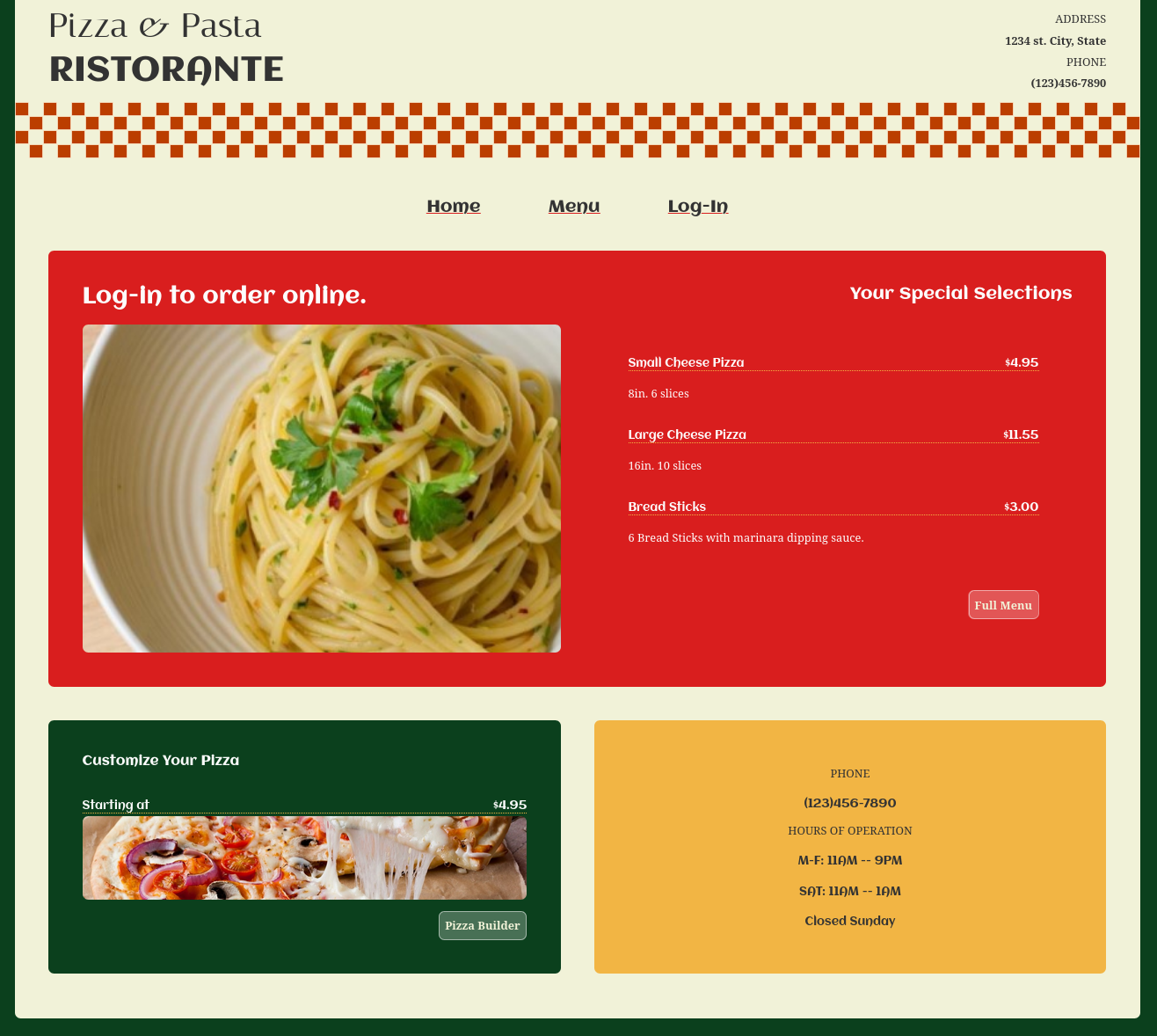 Landing page for pizza shop