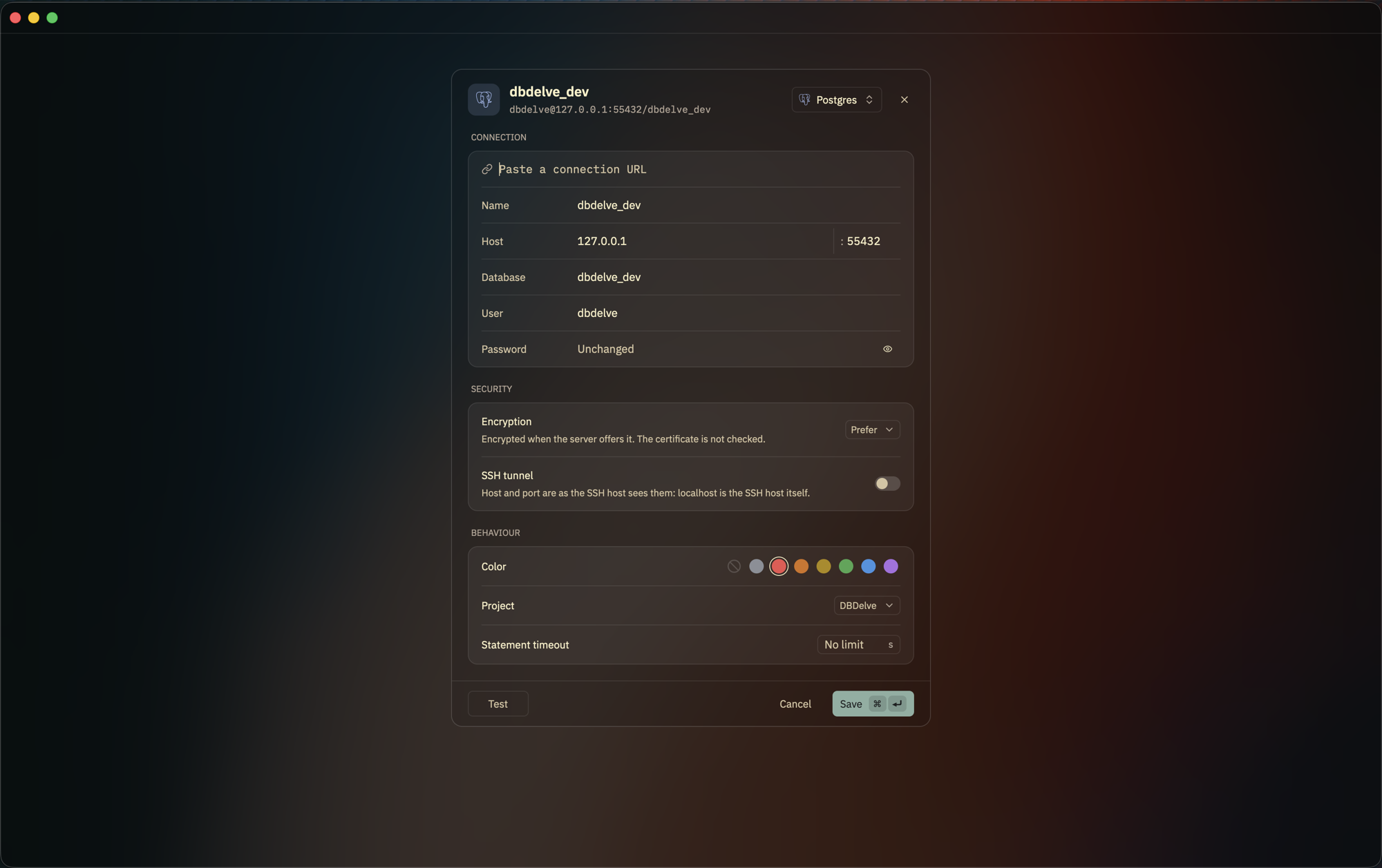 The connection form, grouped into connection, security and behaviour, with a color and a project for the connection
